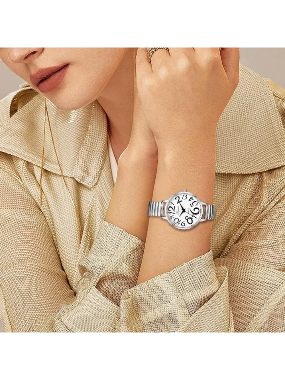 Women's Silver Analog Quartz Big Numbers Easy Reader Stretch Band Wrist Watch